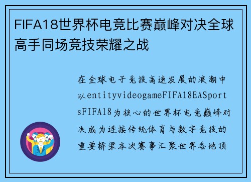 FIFA18世界杯电竞比赛巅峰对决全球高手同场竞技荣耀之战 FIFA18世界杯电竞比赛巅峰对决全球高手同场竞技荣耀之战